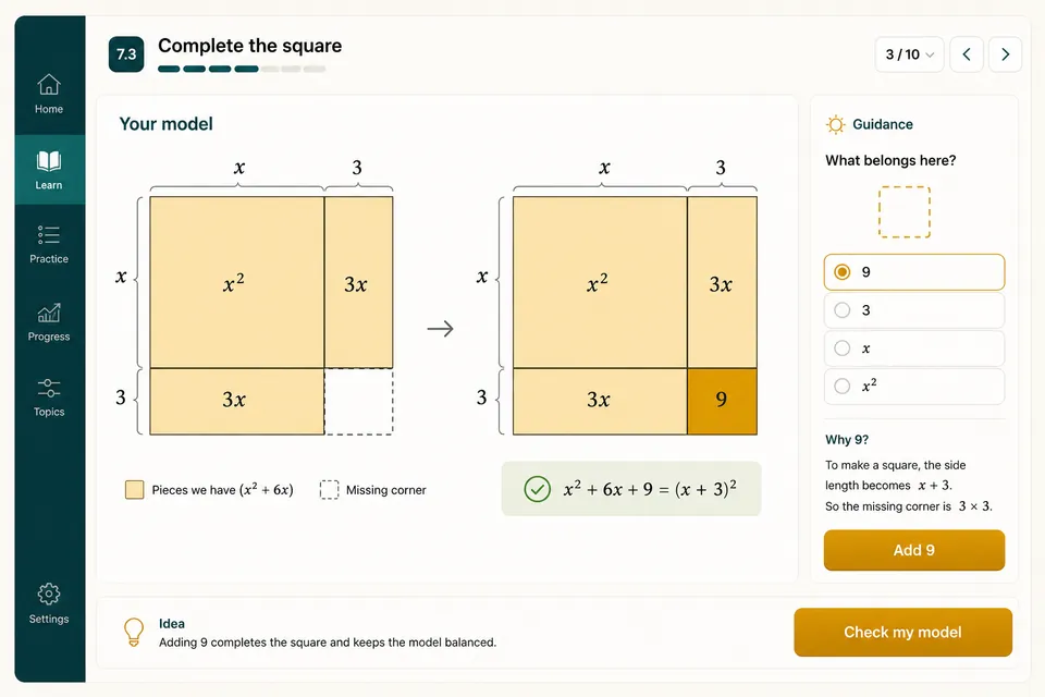 A Learn workspace uses an area model to show how adding a three-by-three corner completes the square.