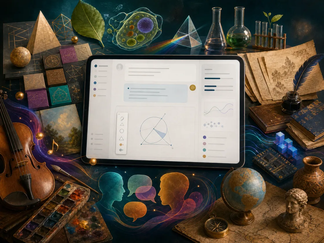 An active digital tutoring workspace is surrounded by materials for mathematics, science, writing, history, geography, art, music, computing, and language.